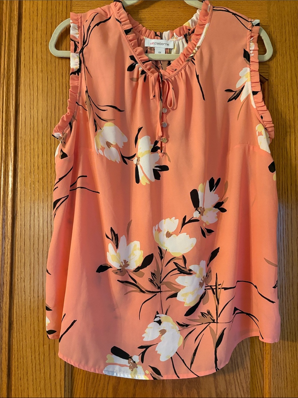 Liz Claiborne Coral Floral Ruffle Tie-Neck Sleeveless Top 0X